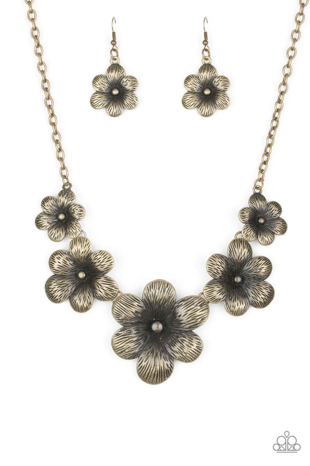 Brushed shimmer, lifelike brass flower necklace.