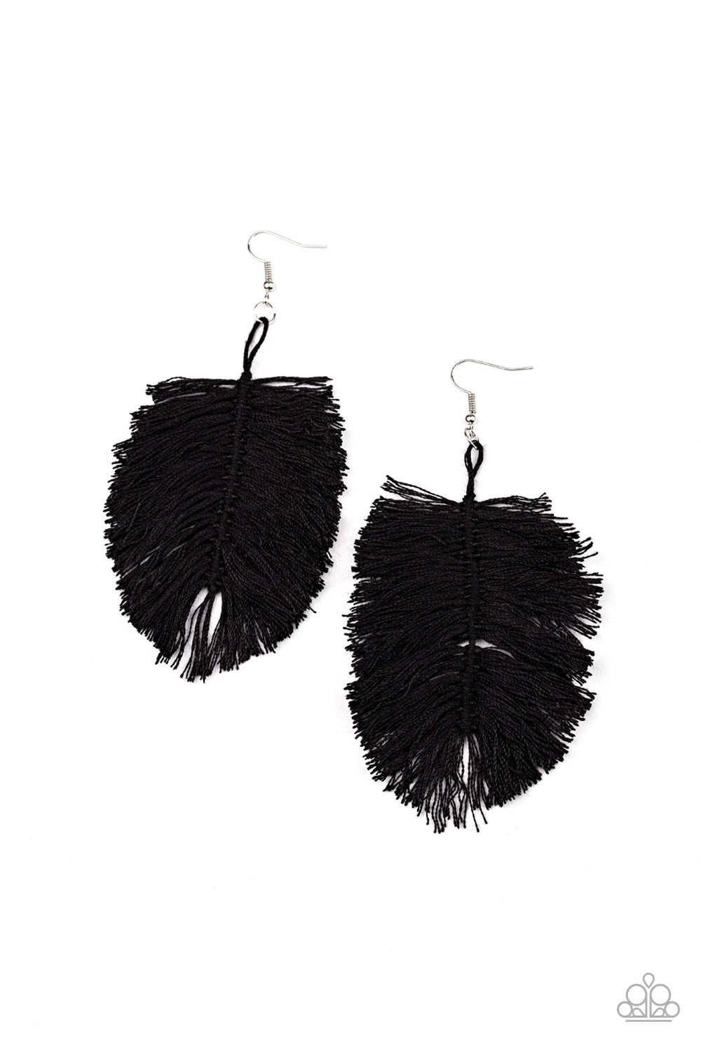 Paparazzi Accessories Earrings - Featuring a shiny black hue, a loop of thread gives way to a leafy black fringe, creating a statement-making texture. 