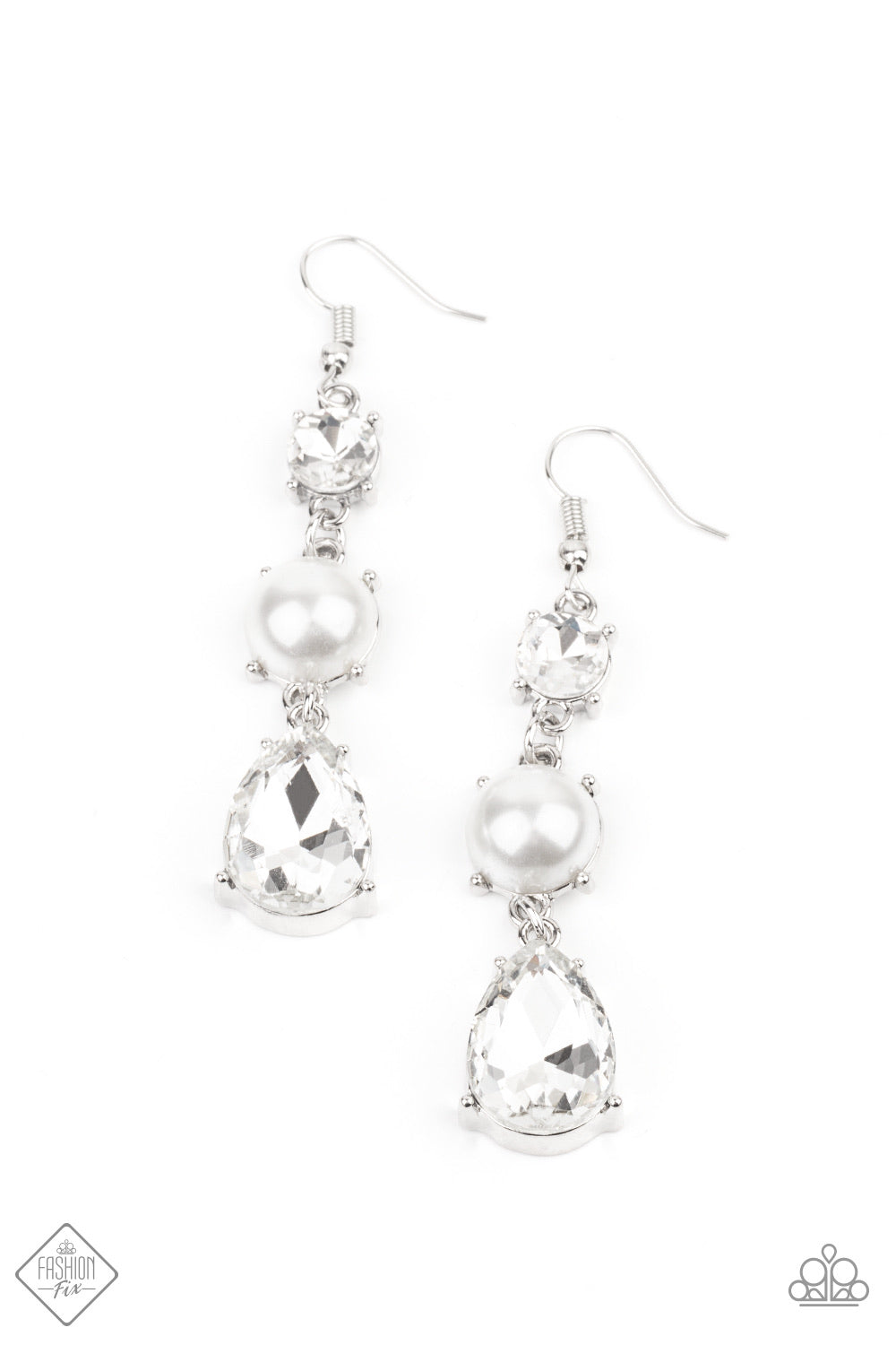  Paparazzi Accessories Pearl & Bling. An oversized white teardrop gem swings from the bottom of a stacked pearly white bead and classic white rhinestone, creating a timeless lure. 