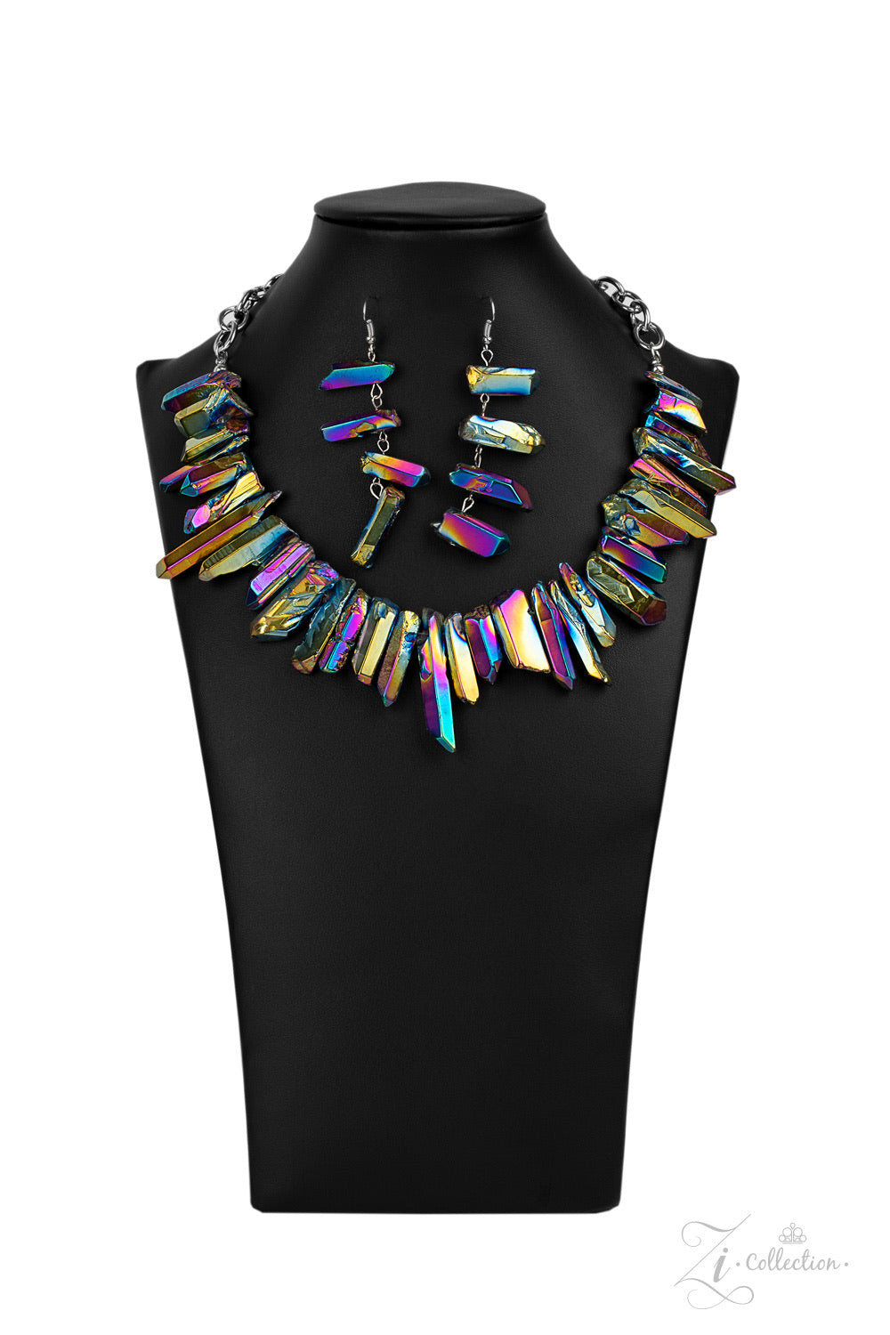 Paparazzi Accessories - The Charismatic Zi Collection set. Featuring an oil spill iridescence, raw cut pieces of hematite are threaded along an invisible wire below the collar for a colorfully courageous look. Features an adjustable clasp closure.