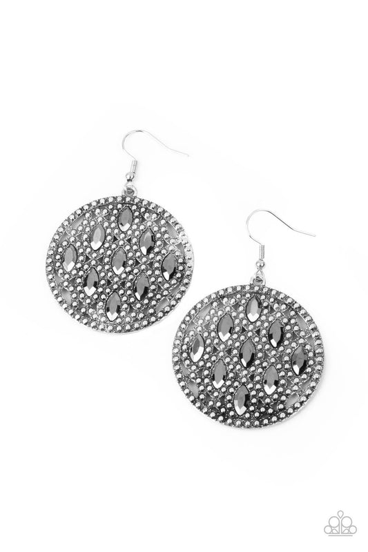  Featuring regal marquise cuts, smoky hematite rhinestones embellish the front of a studded silver frame, creating a stunning statement piece. Earring attaches to a standard fishhook fitting.